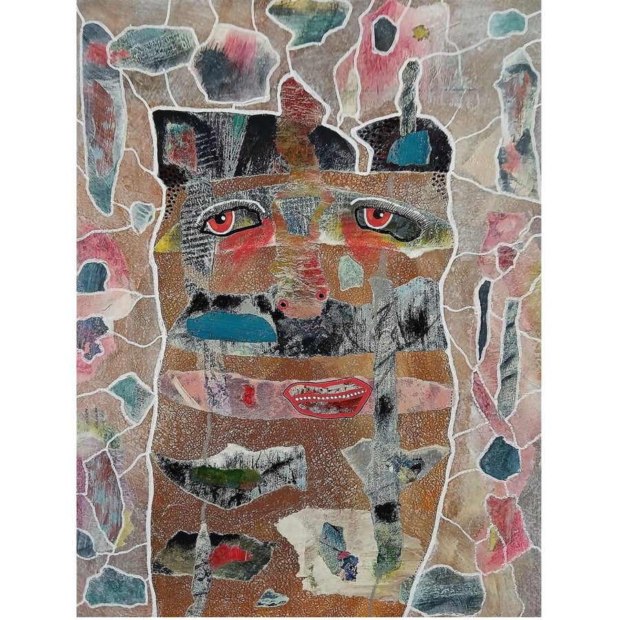 Original Outsider Art Abstract Portrait Painting Surreal Face Acrylic & Collage