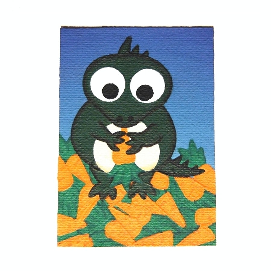 Vegesaurus ACEO - small original art of a cute dinosaur eating carrots