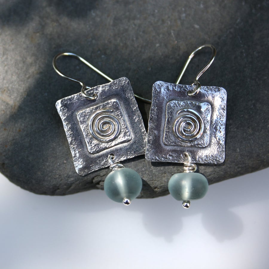 Silver and sea glass spiral earrings