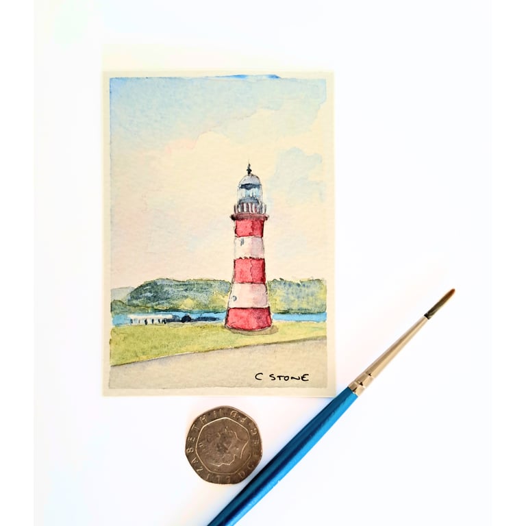 Original ACEO Miniature Watercolour Painting Smeatons Tower Lighthouse Plymouth