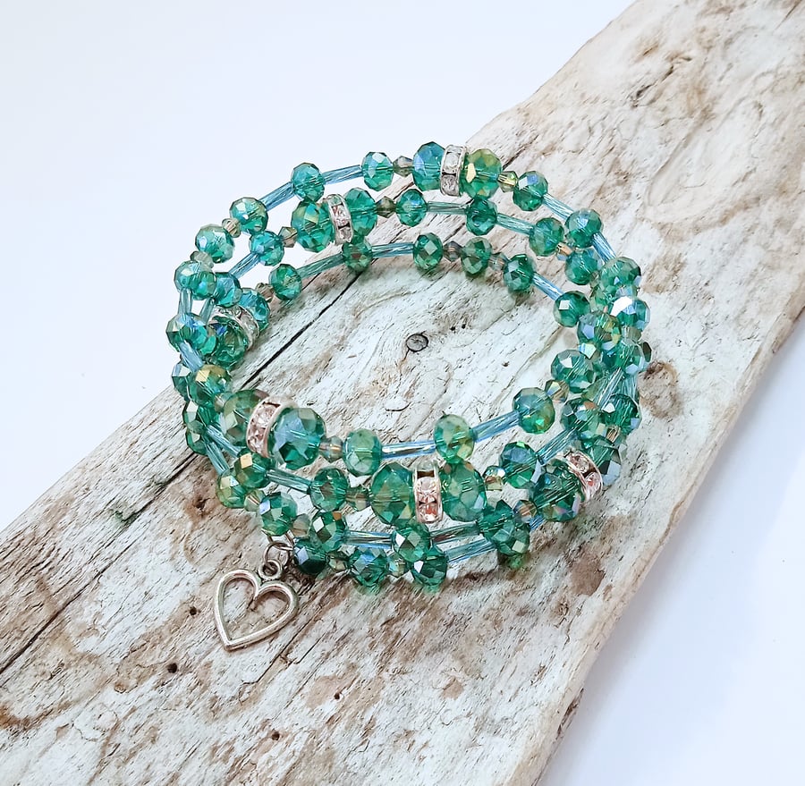 Green Crystal Bead Wrap Bracelet -UK Free Post