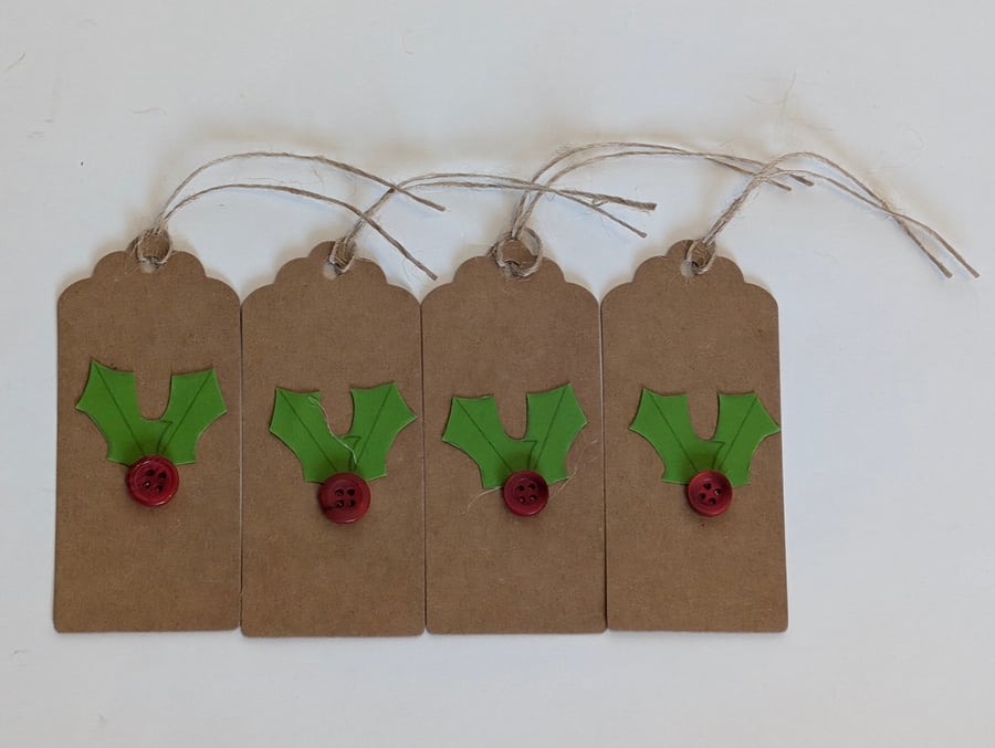 Homemade Christmas gift tags pack - holly and berries