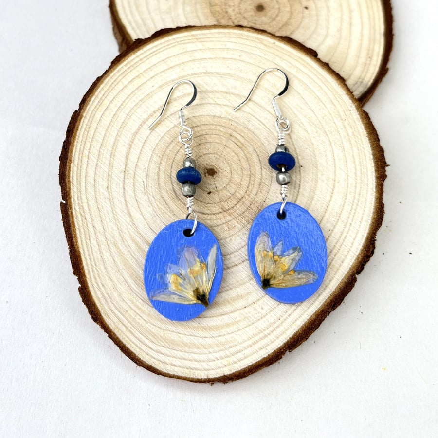 Real Pressed Allium Flowers Sliver Plated Dangle Wood and Bead Earrings