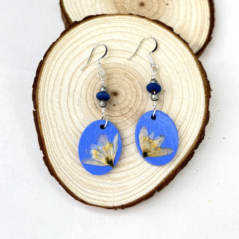 Real Pressed Allium Flowers Sliver Plated Dangle Wood and Bead Earrings