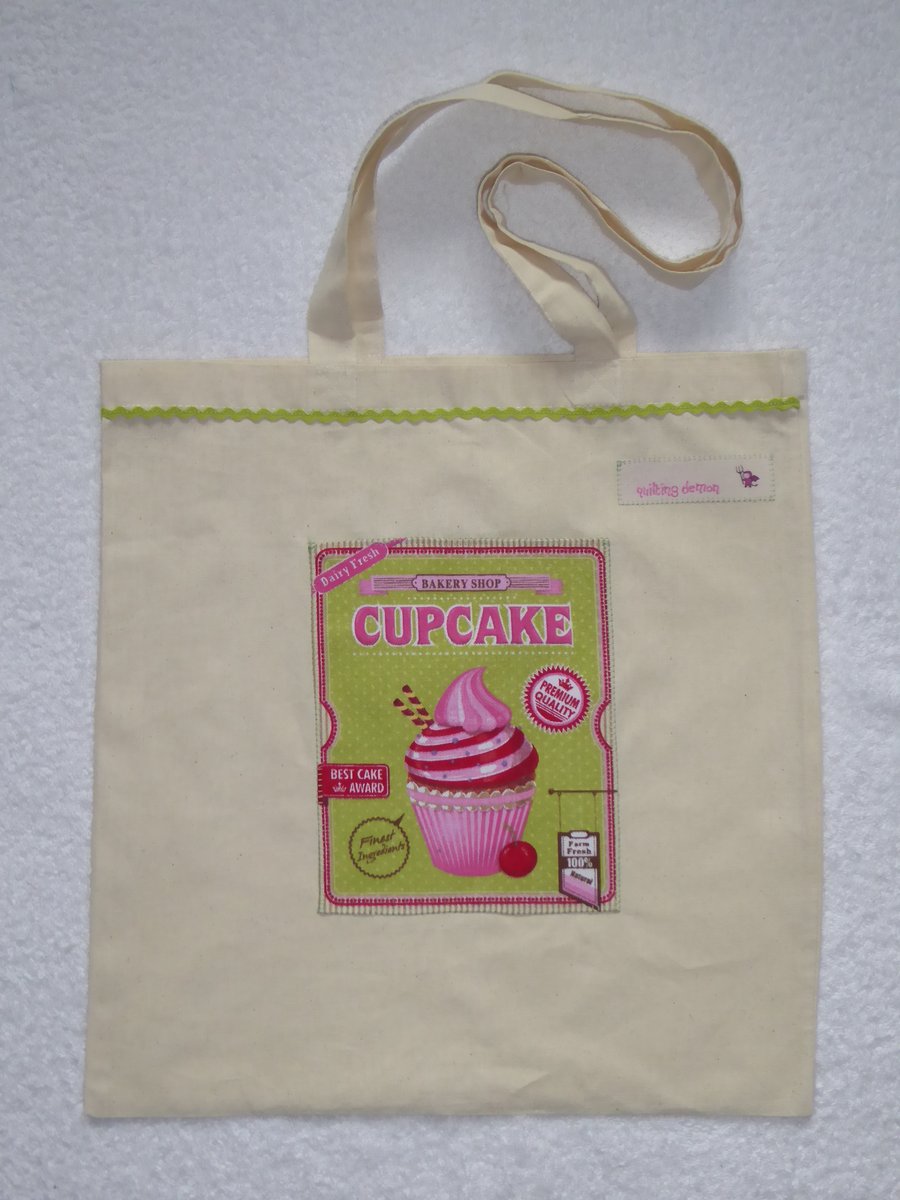 Cotton Canvas Bag with Pink Cup Cake Applique Panel. Green RicRac. Tote Bag