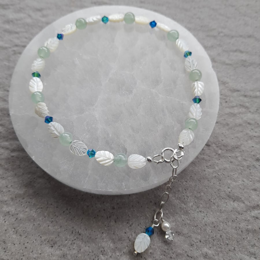 Anklet Sterling Silver Mother Of Pearl Crystal and Aventurine