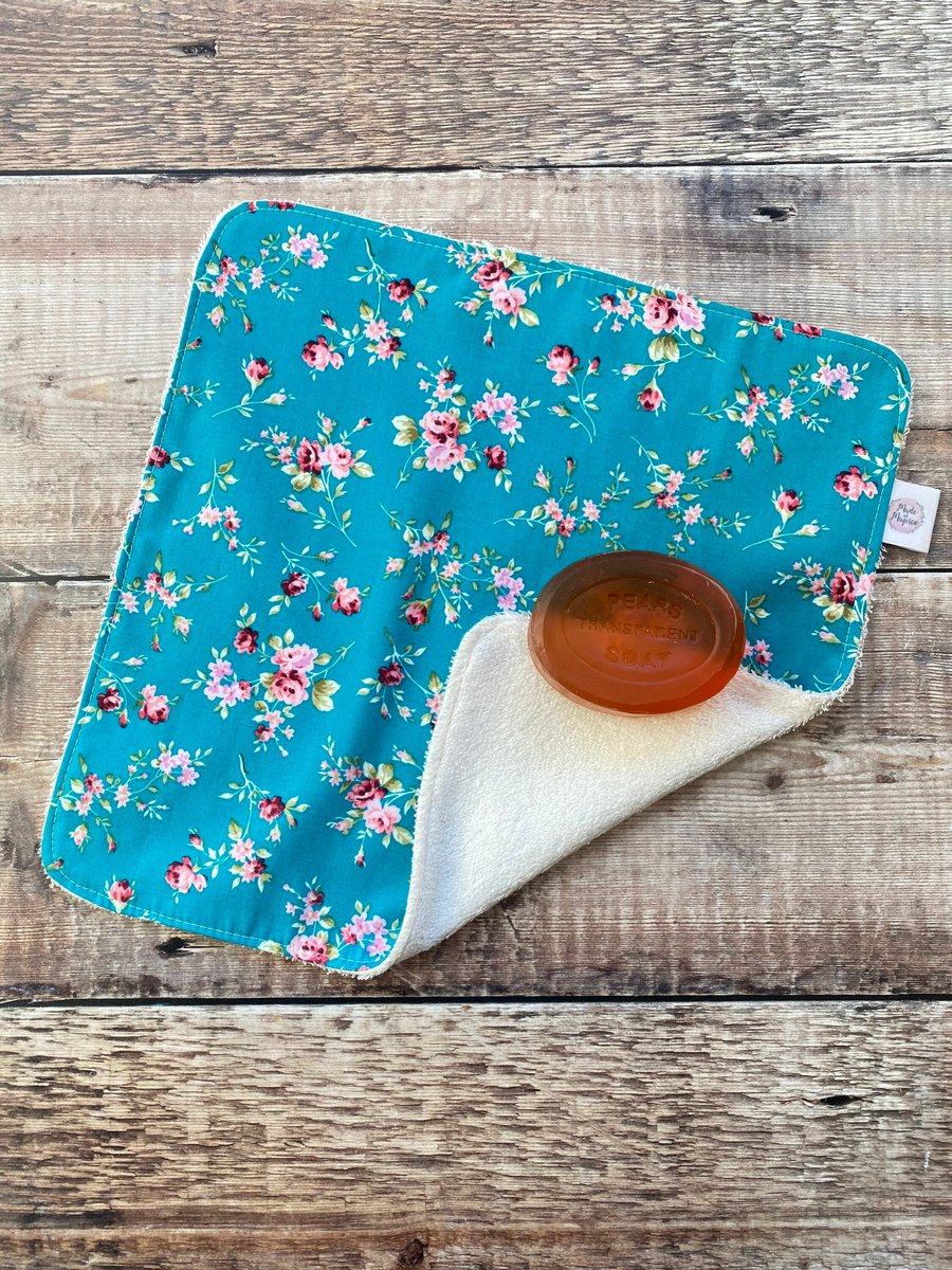 Organic Bamboo Cotton Wash Face Cloth Flannel Bright Aqua Floral Flowers