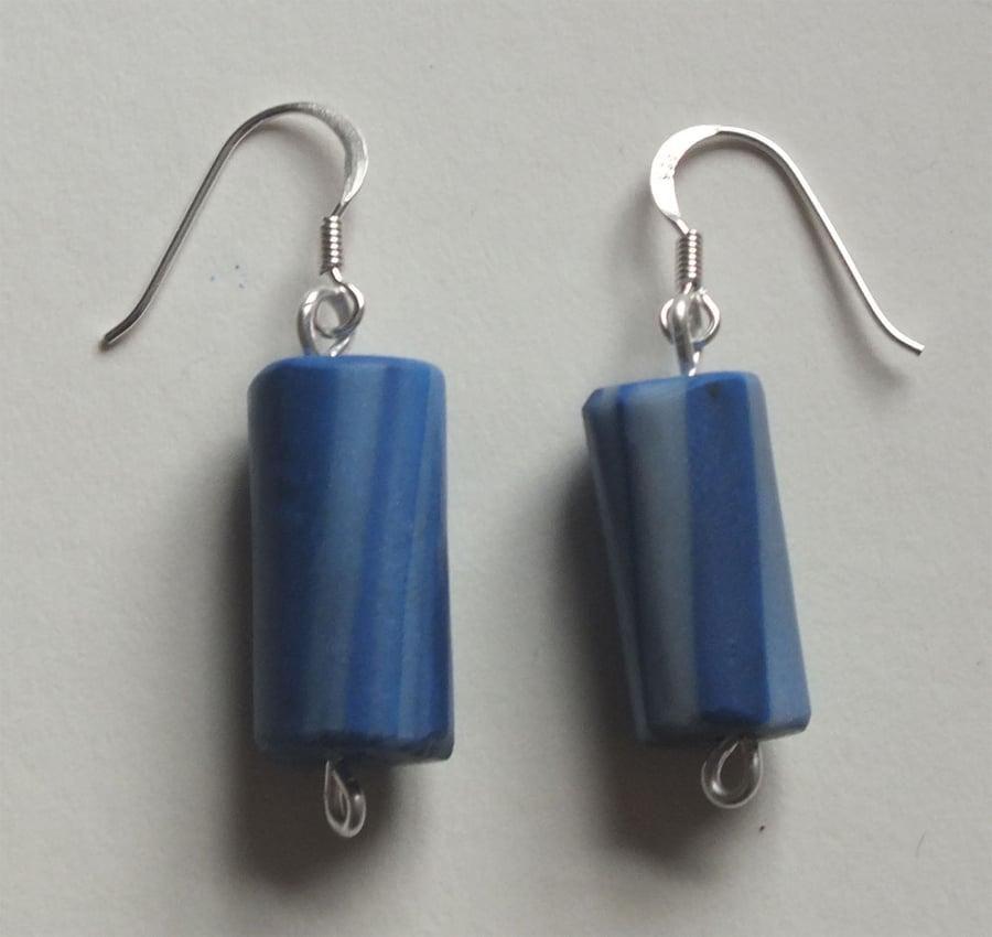 Striped blue polymer clay tube earrings