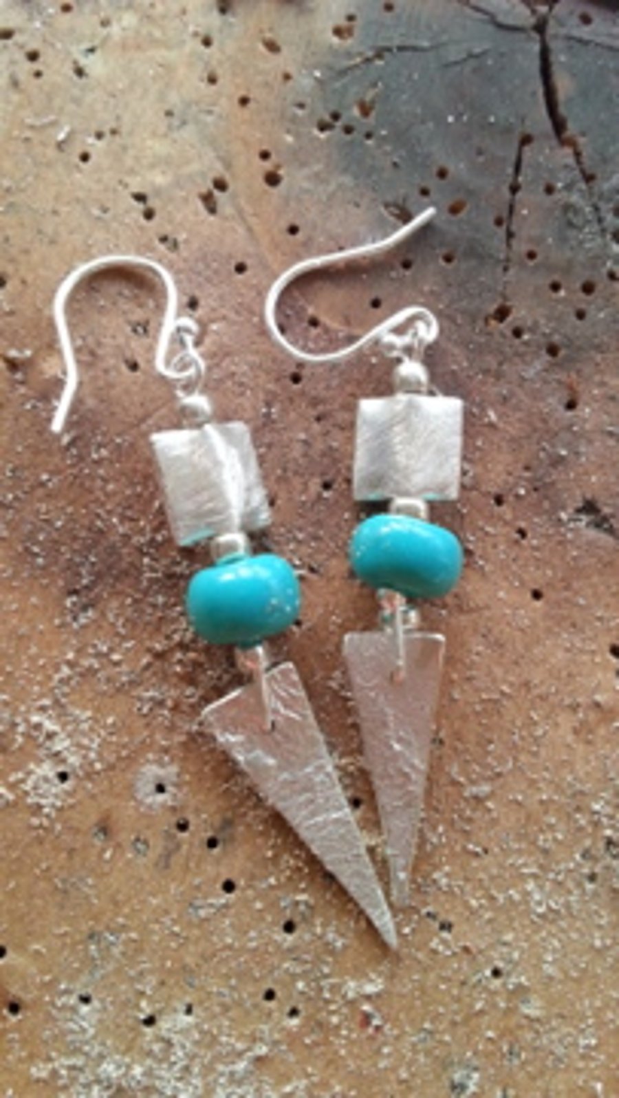 Turquoise Blue Long Sterling Silver Earrings, Reticulated geometric, Bridal