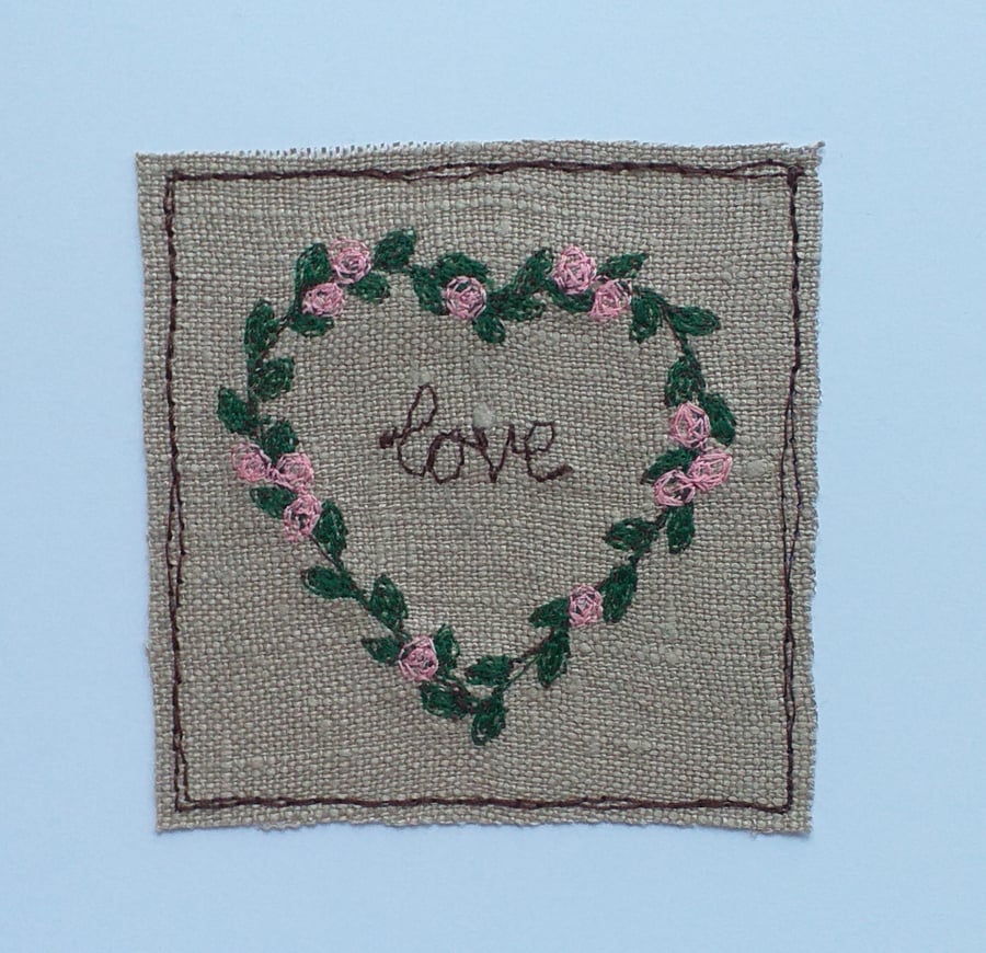 Pink Love Heart Embroidered Wreath Card