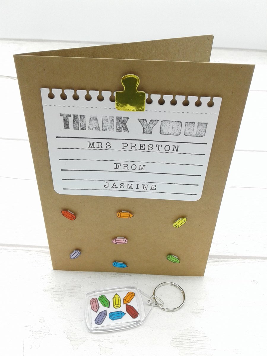 Teacher thank you card and gift. Personalised card and personalised key ring.