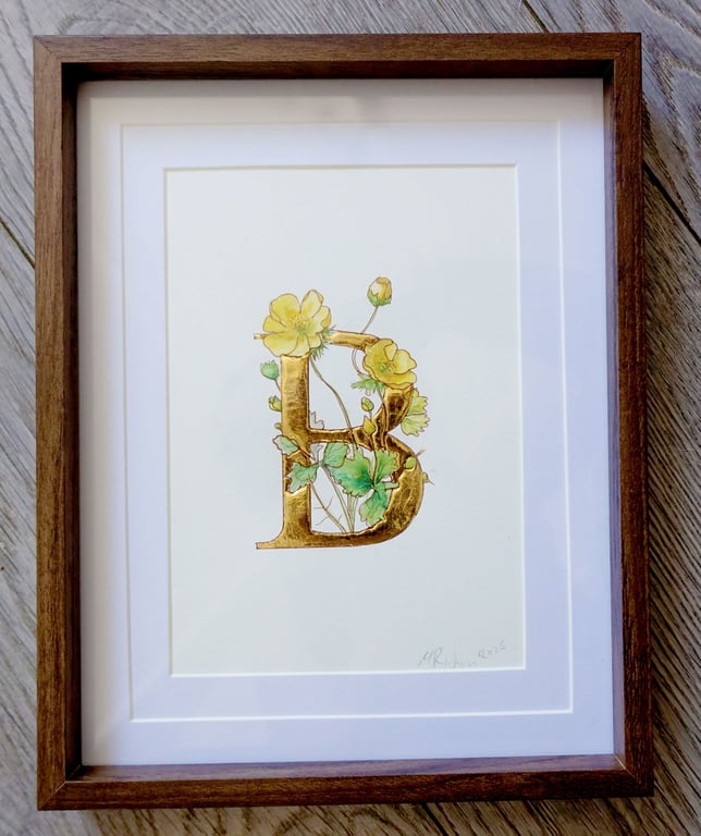 ACEO Watercolour original art with 24 carat gold leaf letter B.   
