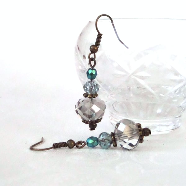 Bronze earrings, with three colour crystals, vintage inspired
