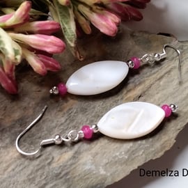 Mother of Pearl & Pink Quartzite Earrings Silver Plate