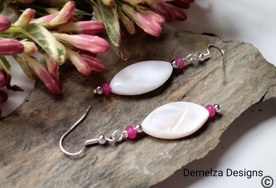 Mother of Pearl & Pink Quartzite Earrings Silver Plate
