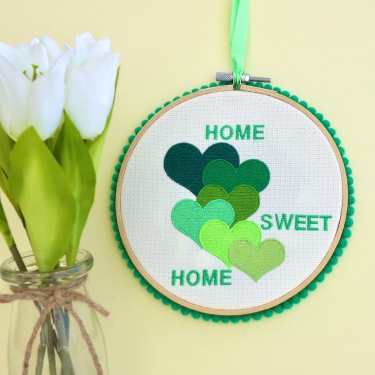 Green Hearts: Embroidered Hoop, Hooped Embroidery Wall Hanging