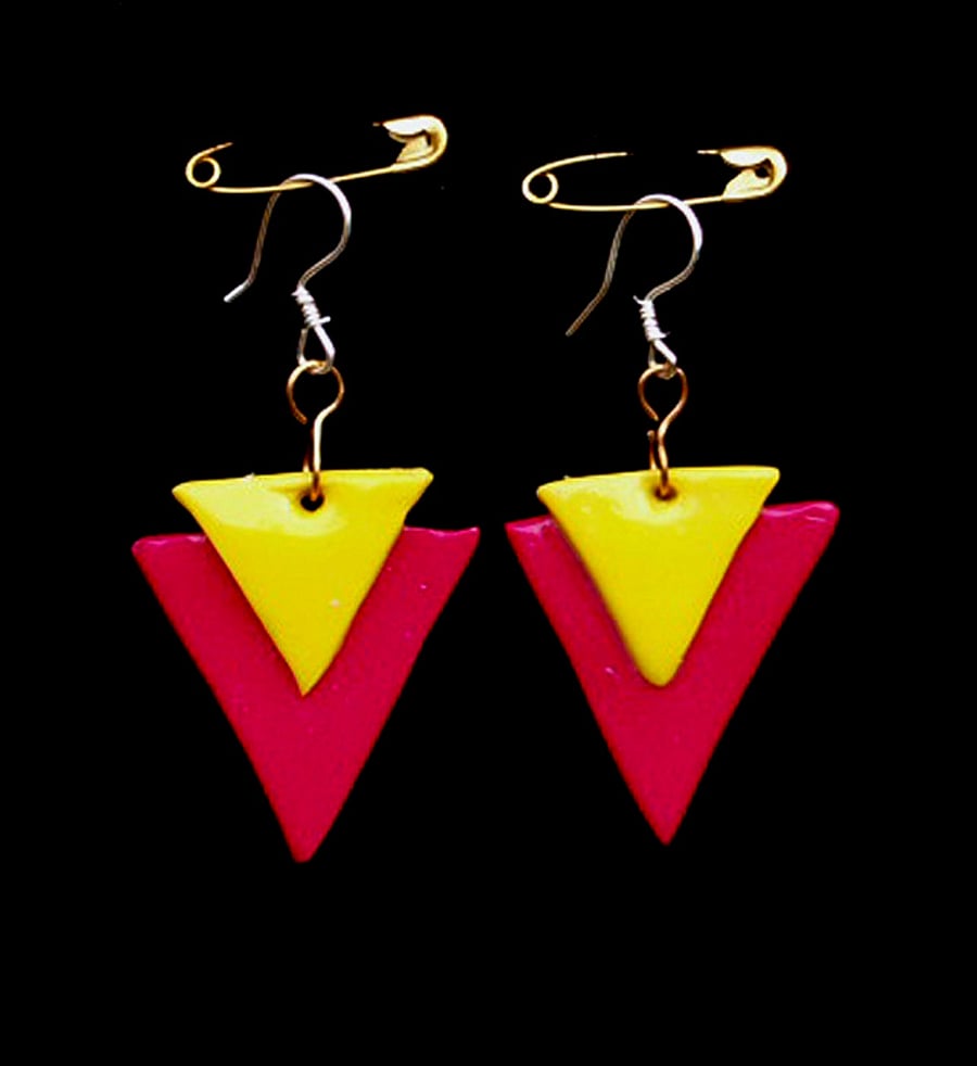 SALE - Triangle Earrings- Handmade Polymer Clay  Pop-Art Abstract Earrings