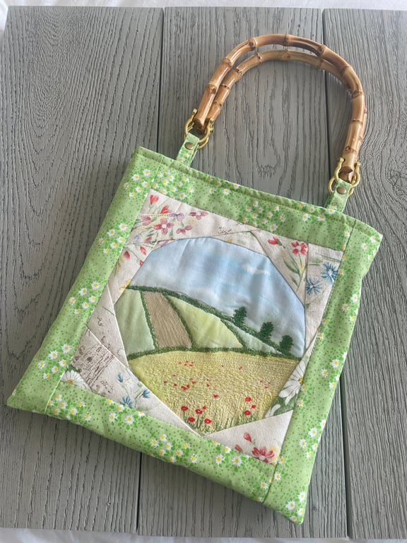 Countryside Themed Fabric Tote Bag with Fake Bamboo Handles