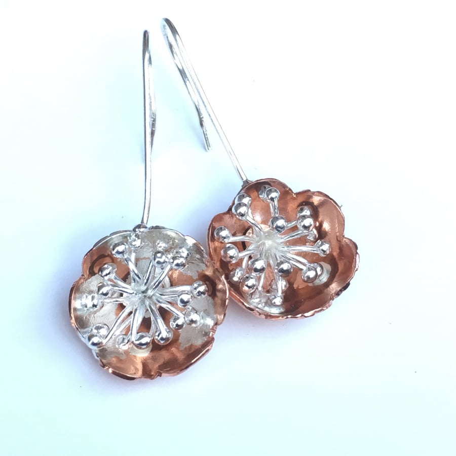 Copper Silver Blossom Flower Earrings, Long Drop, Copper.