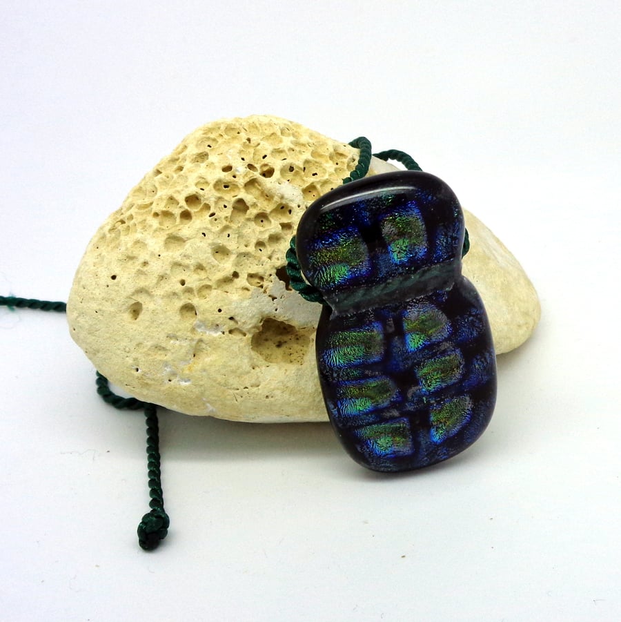 Dichroic fused glass pendant art Metal-free Tartan