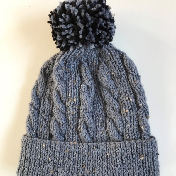Hand knitted child's grey marl hat with pompom to fit age 4 - 7 years approx