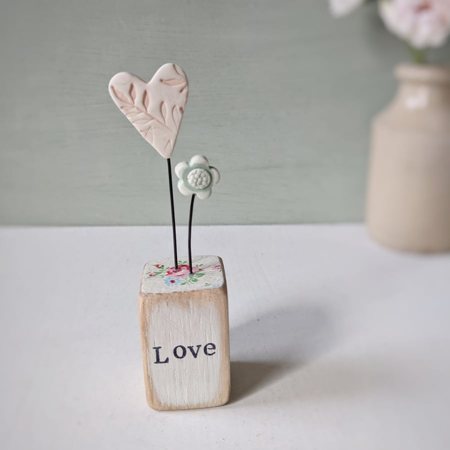 Clay Heart and Flower in a Printed Wood Block 'Love'