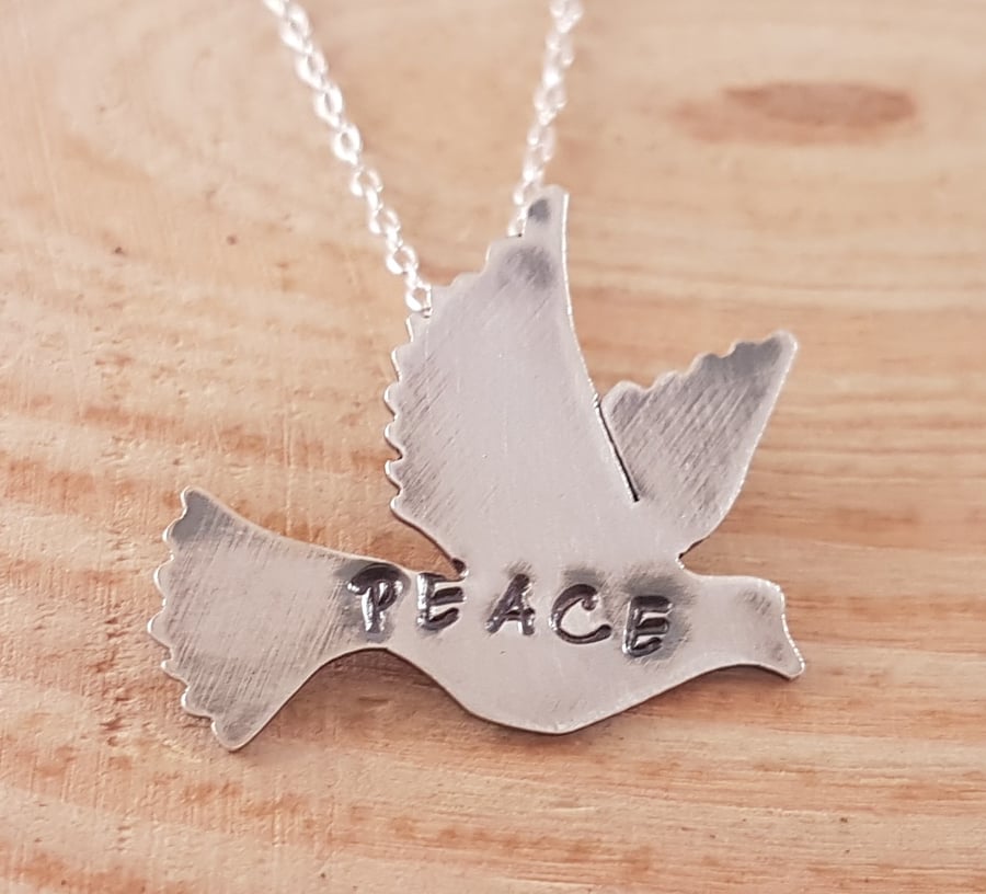 Sterling Silver 'Peace' Stamped Dove Necklace