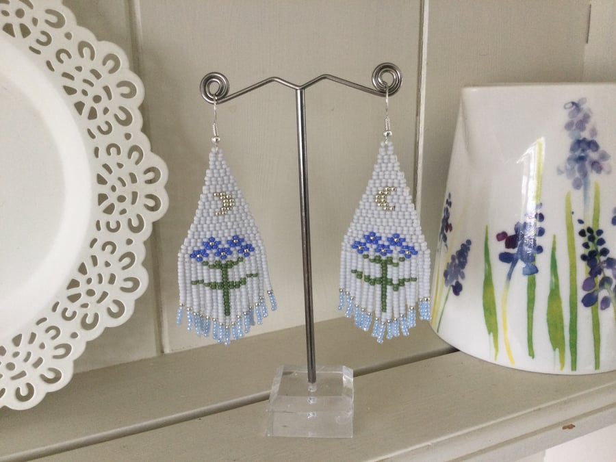 Hand beaded fringe flower design earrings, beadwork, birthday gift for her 