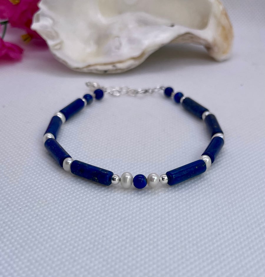 Lapis Lazuli, Pearl and Silver bracelet