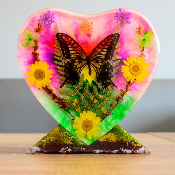 Black Swallowtail Butterfly Resin Heart Ornament With Stand. Mothers Day, Birthd