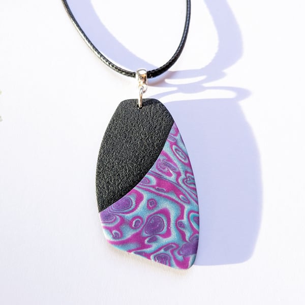Black Purple and Blue Split Necklace Pendant, Handmade from Polymer Clay