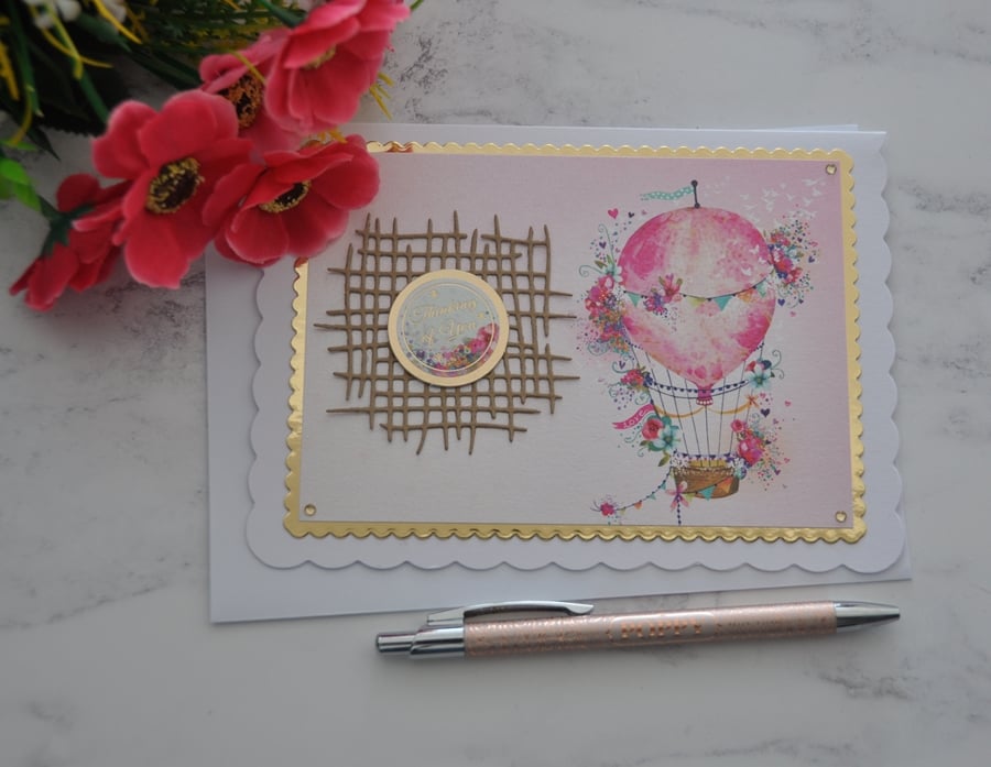 Hot Air Balloon Card Thinking Of You Birthday Pink Flowers 3D Luxury Handmade