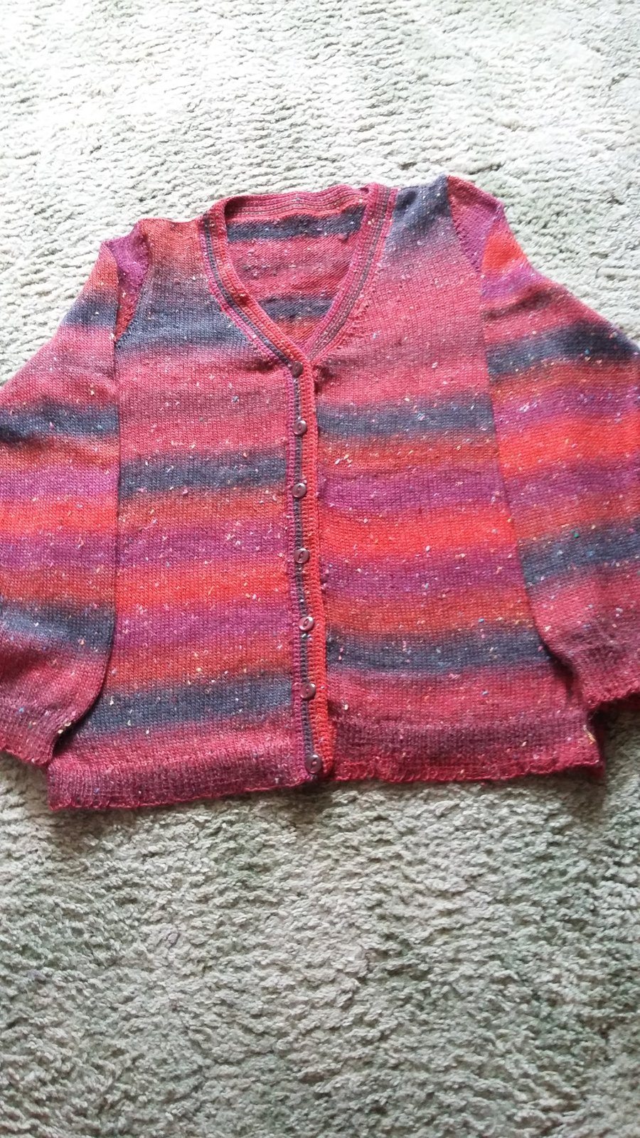 Hand Knit Cardigan in multi shades of red Size 44 ins