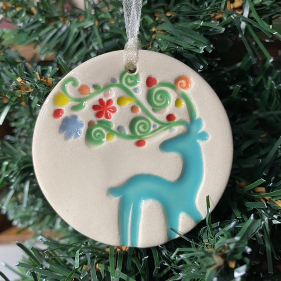 Colourful Ceramic stag Christmas decoration
