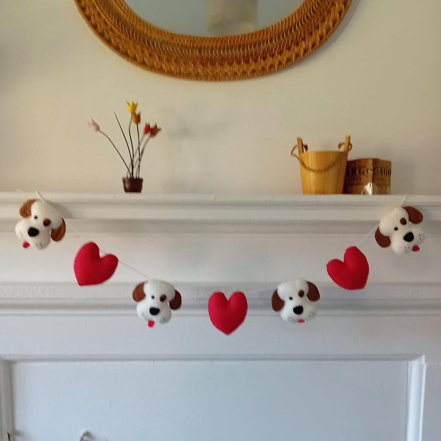 Hand Sewn Garland of Dogs and Hearts