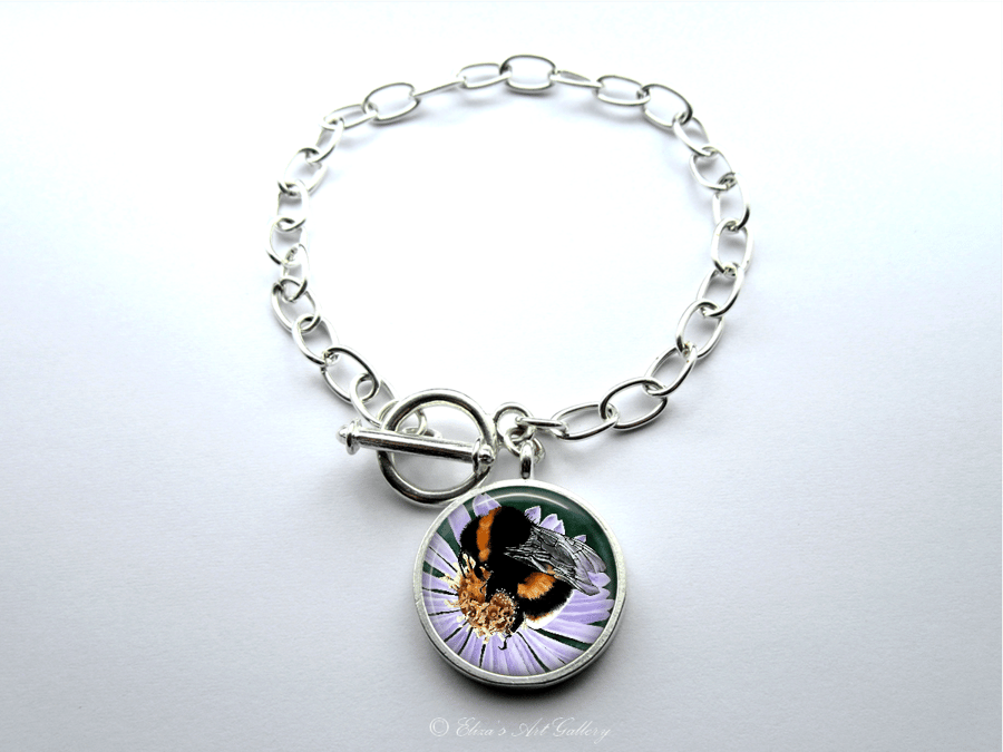 Silver Plated Bee on Flower Art Large Link Charm Bracelet With Toggle