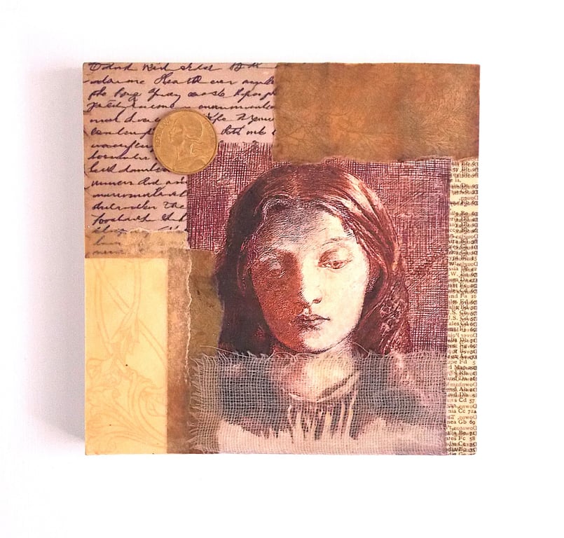 Original Paper & Fabric Collage on Wood Panel, 12x12cms, Free Postage (192)