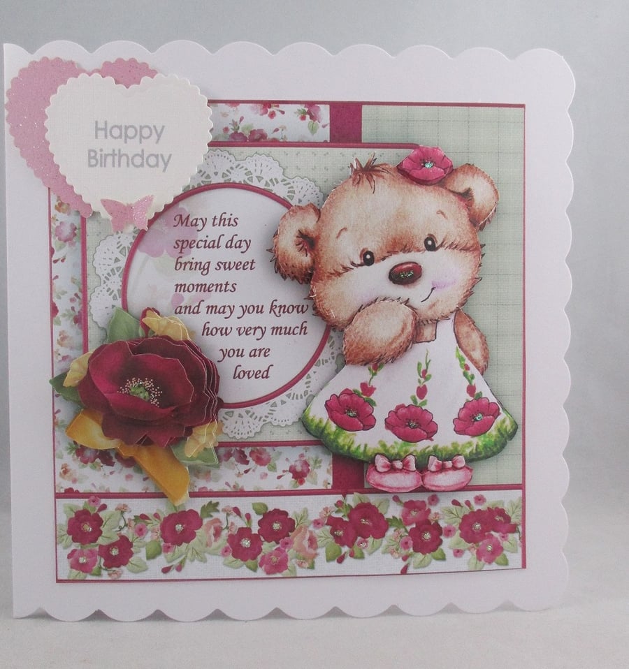 Handmade 3D Cute Bear, poppies on dress Birthday Card, Personalise, Scallopped