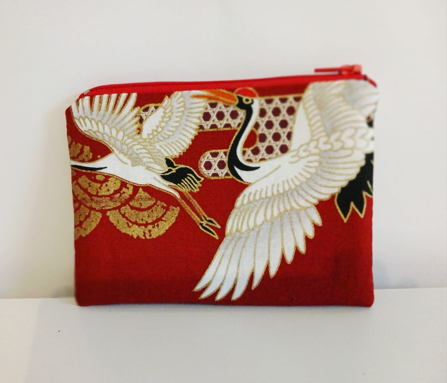 Elegant Japanese Crane Embroidered Zipper Pouch - Small Size