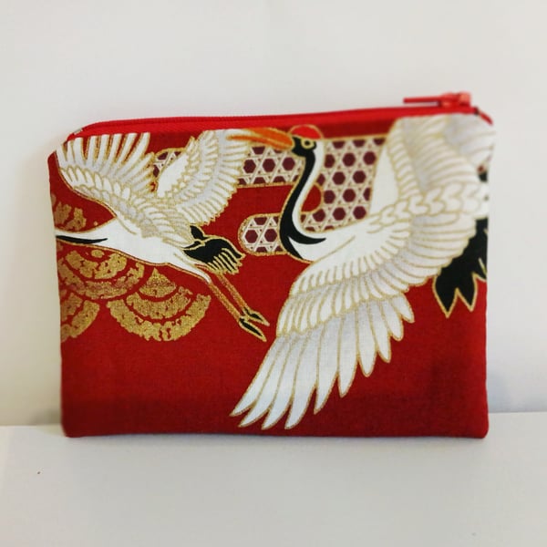Elegant Japanese Crane Embroidered Zipper Pouch - Small Size