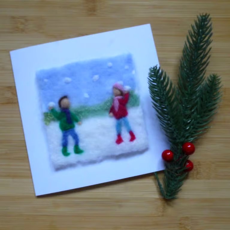 Needle felted Snowball fun greetings card