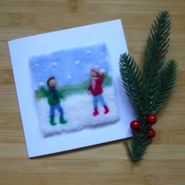 Needle felted Snowball fun greetings card