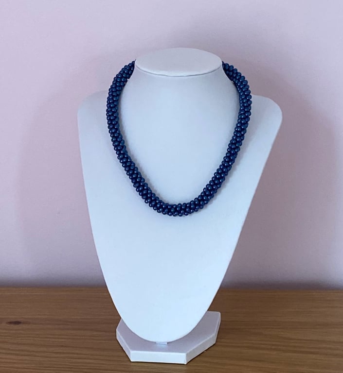 Handmade Woven Midnight Blue Pearl Choker Necklace