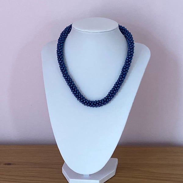 Handmade Woven Midnight Blue Pearl Choker Necklace