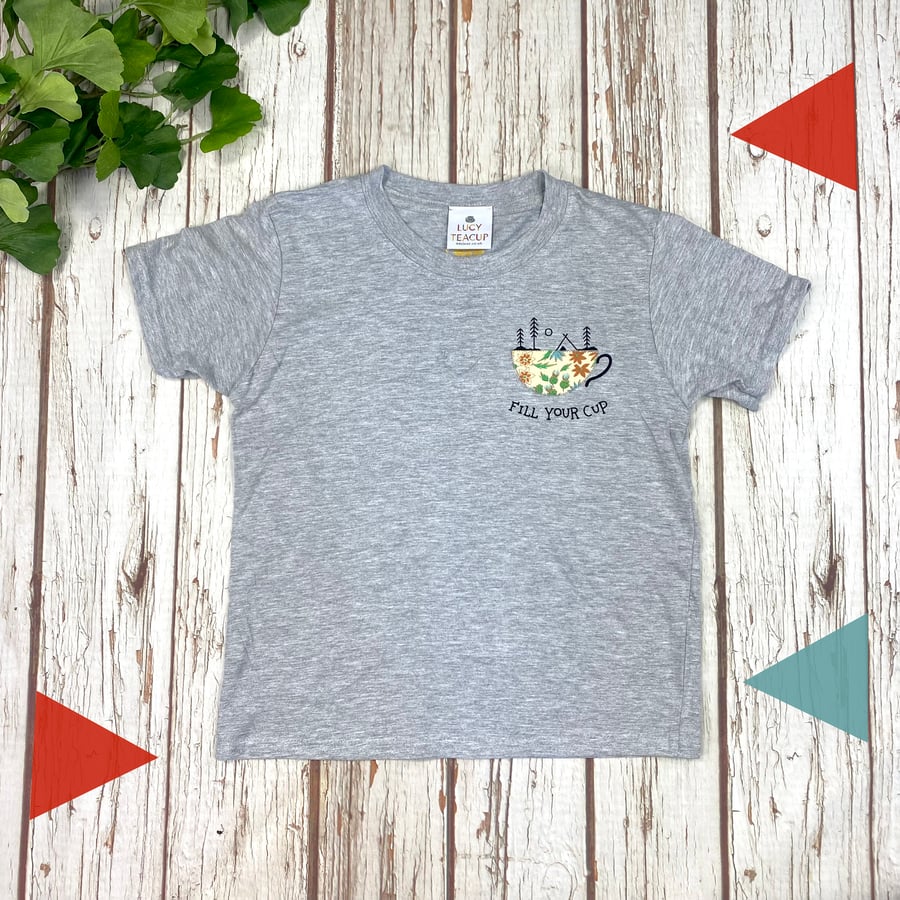 Kids 'Fill Your Cup' T-Shirt. Children's Heather grey nature lover top