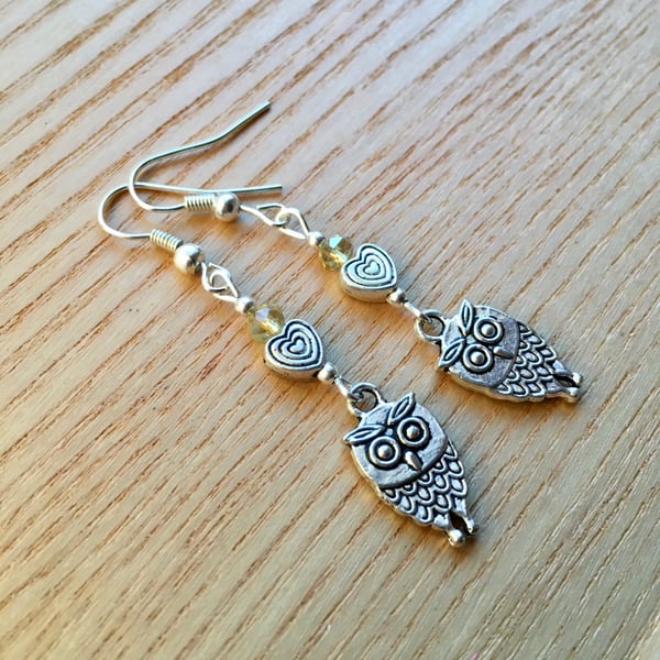 Champagne Yellow Owl and Heart Charm Earrings, Gift for Her Nature Lover Present