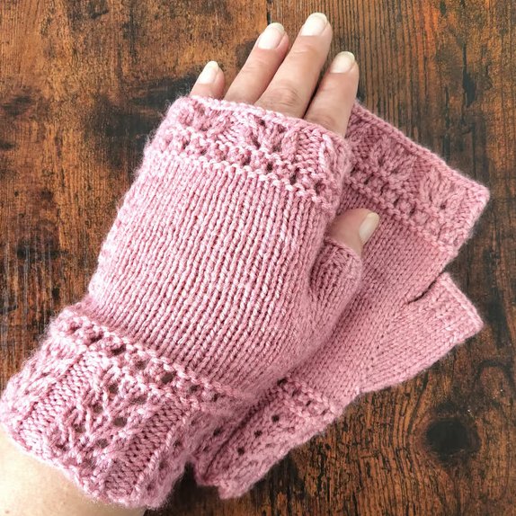 Pink Knitted Fern Leaf Fingerless Gloves 