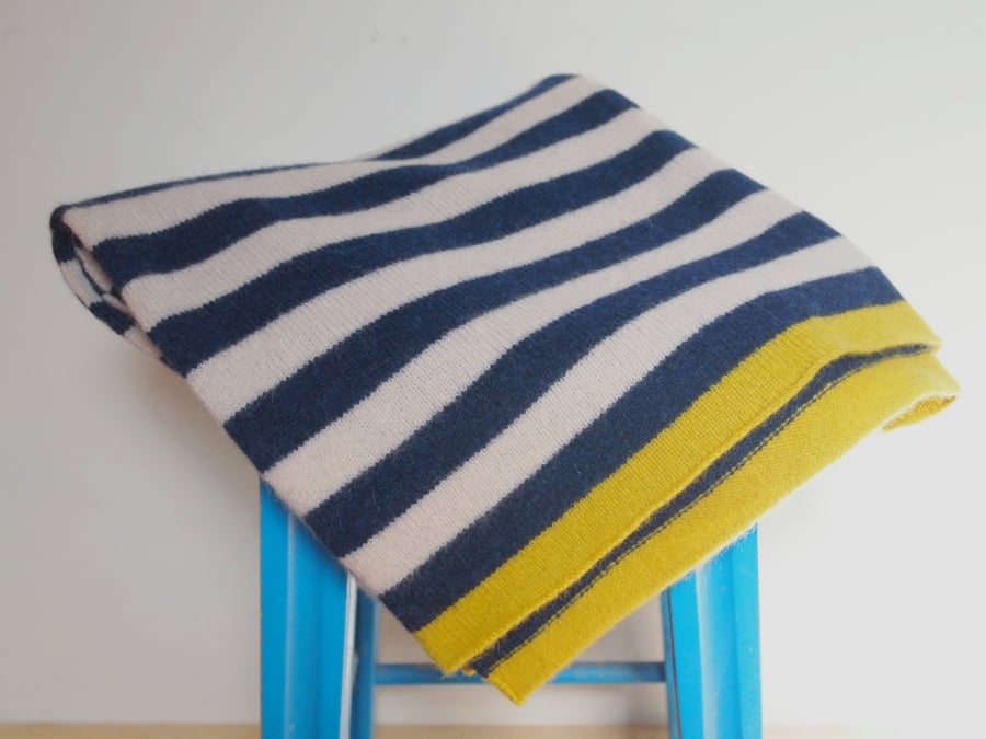 Lambswool Navy And Off White Striped Blanket, Available in 3 Sizes