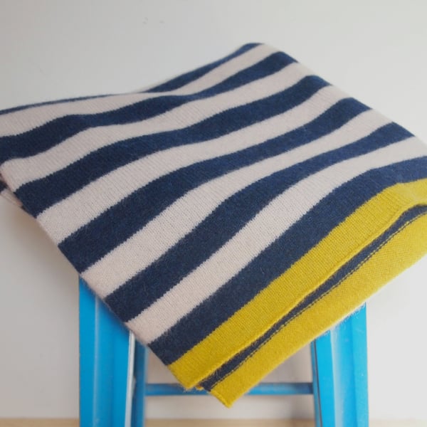 Lambswool Navy And Off White Striped Blanket, Available in 3 Sizes