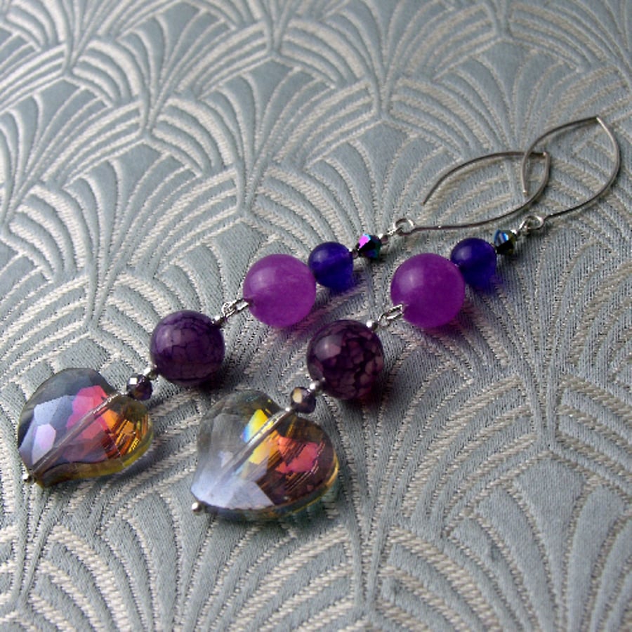 Long Purple Dangle Earrings, Heart Earrings, Romantic Earrings BB93